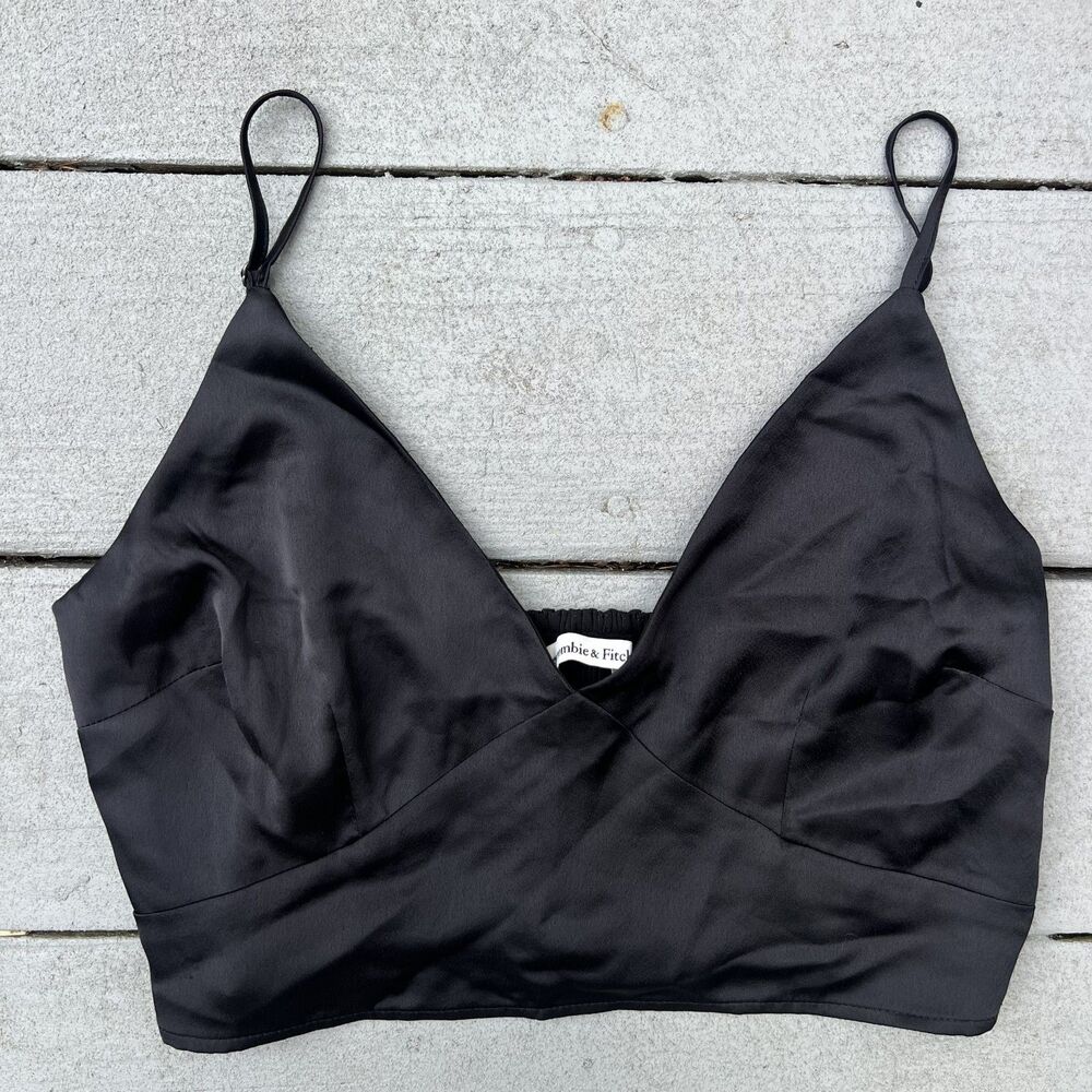 Abercrombie & Fitch Black Satin V Neck Crop Top-Size M